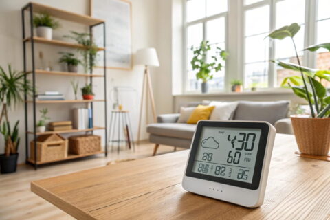 Digitales Hygrometer auf einem Holztisch in einem hellen Wohnzimmer mit Pflanzen und einem Bücherregal im Hintergrund.
