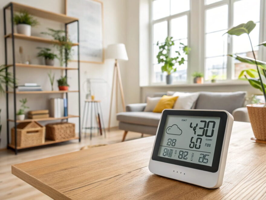 Digitales Hygrometer auf einem Holztisch in einem hellen Wohnzimmer mit Pflanzen und einem Bücherregal im Hintergrund.