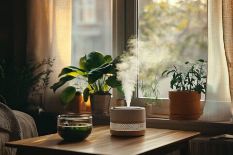 Gemütliches Wohnzimmer mit Pflanzen, Luftbefeuchter und Wasserschale zur Erhöhung der Luftfeuchtigkeit.