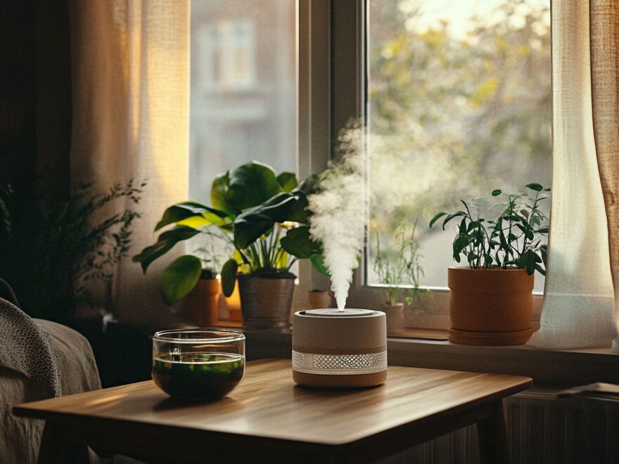 Gemütliches Wohnzimmer mit Pflanzen, Luftbefeuchter und Wasserschale zur Erhöhung der Luftfeuchtigkeit.