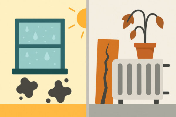 Illustration zeigt typische Probleme durch zu hohe und zu niedrige Luftfeuchtigkeit im Sommer und Winter in Innenräumen.