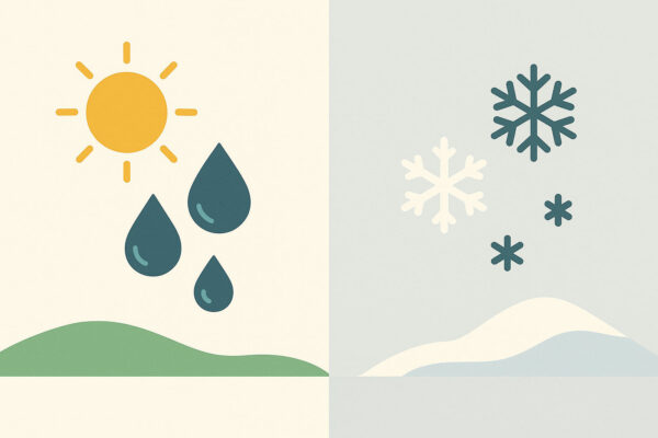 Illustration zeigt den Unterschied der Luftfeuchtigkeit Sommer vs Winter mit warm-feuchter und kalt-trockener Luft.