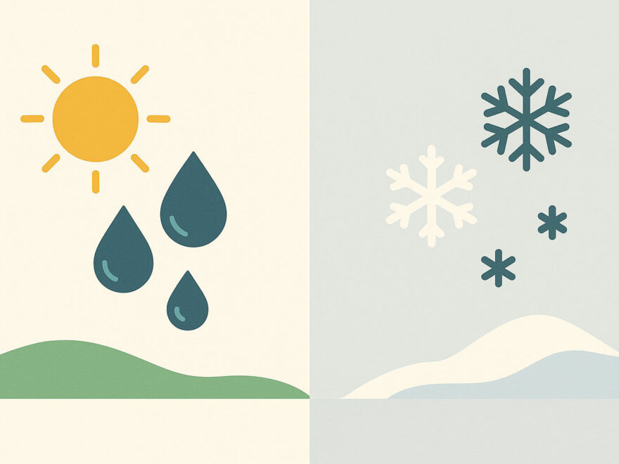 Illustration zeigt den Unterschied der Luftfeuchtigkeit Sommer vs Winter mit warm-feuchter und kalt-trockener Luft.