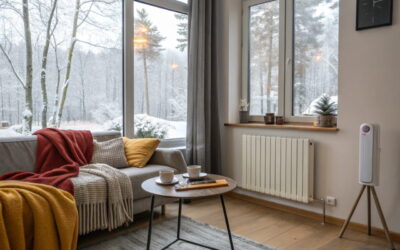 Wohnzimmer im Winter mit geöffnetem Fenster, Heizung und Hygrometer – richtig lüften und heizen für ein gesundes Raumklima.