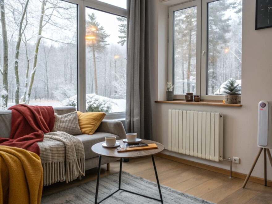 Wohnzimmer im Winter mit geöffnetem Fenster, Heizung und Hygrometer – richtig lüften und heizen für ein gesundes Raumklima.
