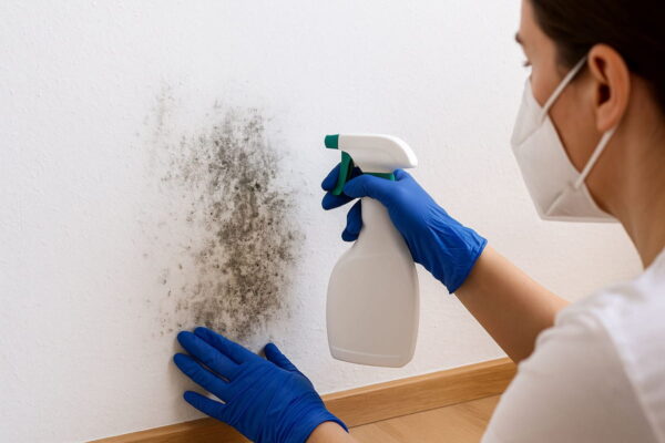 Schimmel entfernen mit Handschuhen und Spray an einer Wand im Innenraum