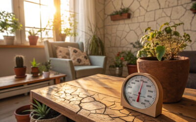 Anzeichen von trockener Luft in einem gemütlichen Wohnraum mit Holzmöbeln, welken Pflanzen und einem Hygrometer, das niedrige Luftfeuchtigkeit anzeigt.