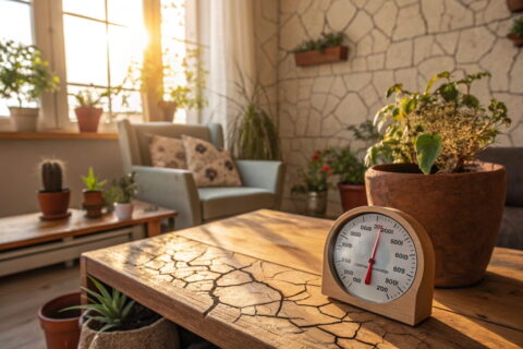 Anzeichen von trockener Luft in einem gemütlichen Wohnraum mit Holzmöbeln, welken Pflanzen und einem Hygrometer, das niedrige Luftfeuchtigkeit anzeigt.