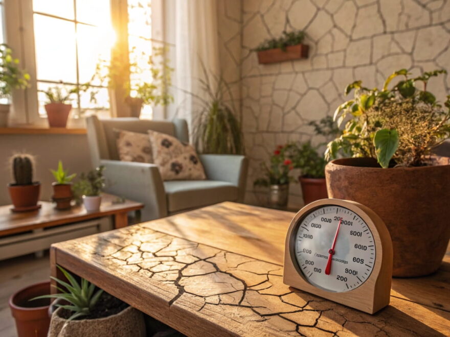 Anzeichen von trockener Luft in einem gemütlichen Wohnraum mit Holzmöbeln, welken Pflanzen und einem Hygrometer, das niedrige Luftfeuchtigkeit anzeigt.