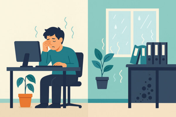 Folgen zu trockener oder zu feuchter Luft im Büro Illustration zeigt die Folgen zu trockener oder zu feuchter Luft im Büro mit welken Pflanzen und beschlagenen Fenstern