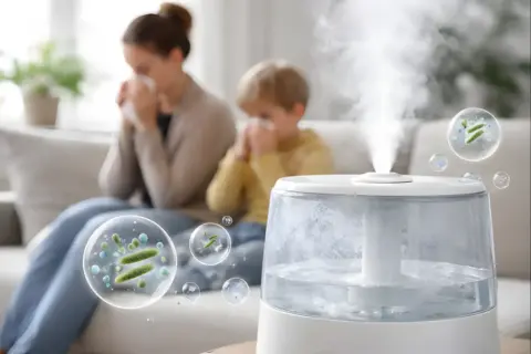 Luftbefeuchter verteilt feinen Wassernebel mit möglichen Bakterien im Raum