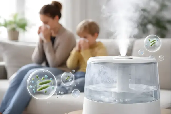 Luftbefeuchter verteilt feinen Wassernebel mit möglichen Bakterien im Raum