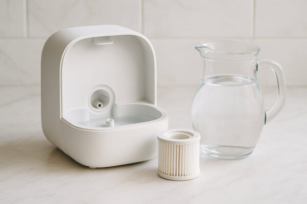 Geöffneter Luftbefeuchter mit herausgenommenem Filter und klarem Wasser für hygienischen Betrieb