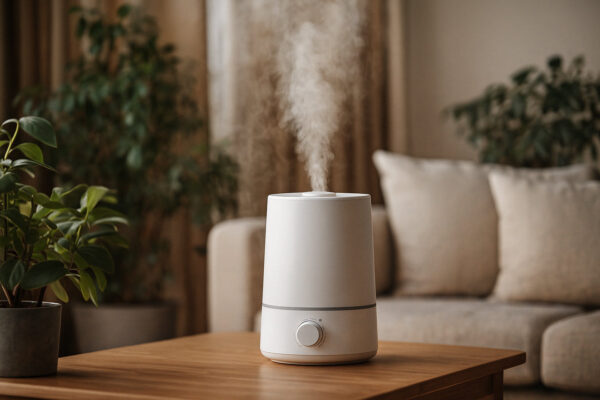 Moderner Luftbefeuchter im Wohnzimmer mit sichtbarem Dampf für gesundes Raumklima