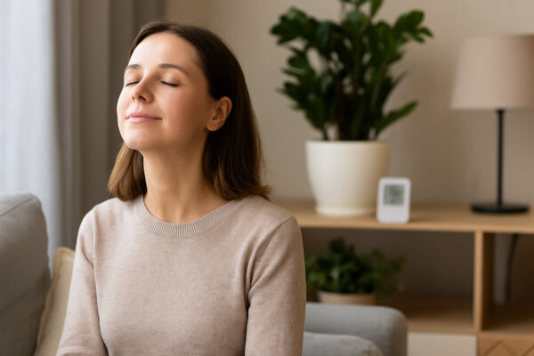 Person entspannt in einem gut befeuchteten Raum mit gesunder Luftfeuchtigkeit