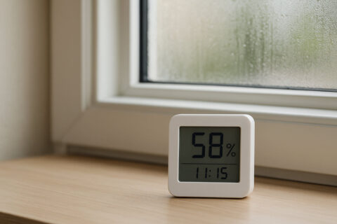 Digitale Anzeige eines Hygrometers zur Messung der relativen Luftfeuchtigkeit in einem Wohnraum