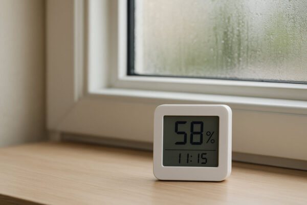 Digitale Anzeige eines Hygrometers zur Messung der relativen Luftfeuchtigkeit in einem Wohnraum