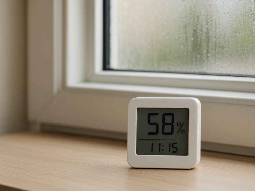 Digitale Anzeige eines Hygrometers zur Messung der relativen Luftfeuchtigkeit in einem Wohnraum