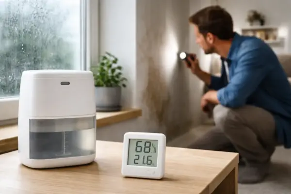 Luftentfeuchter sinnvoll: Hygrometer zeigt hohe Luftfeuchtigkeit im Wohnraum