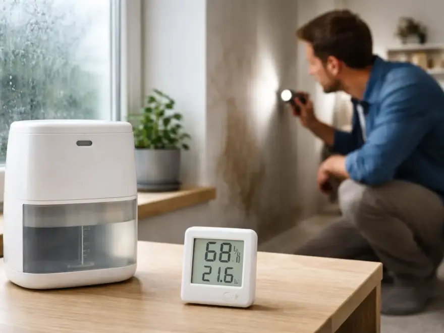 Luftentfeuchter sinnvoll: Hygrometer zeigt hohe Luftfeuchtigkeit im Wohnraum