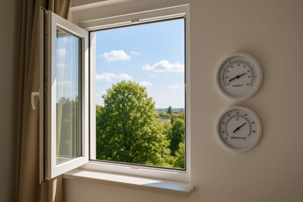 Offenes Fenster im Sommer mit Hygrometer – richtig lüften für frische Luft und optimale Luftfeuchtigkeit
