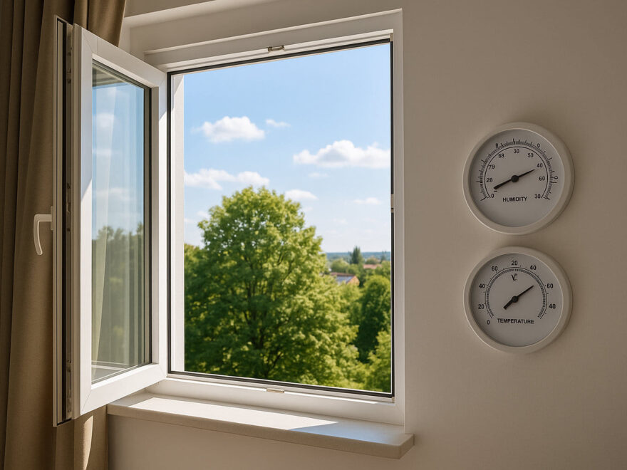 Offenes Fenster im Sommer mit Hygrometer – richtig lüften für frische Luft und optimale Luftfeuchtigkeit