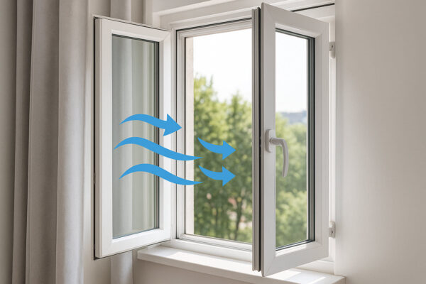 Geöffnete Fenster beim Stoßlüften im Sommer mit Luftstrom – frische Luft in moderner Wohnung