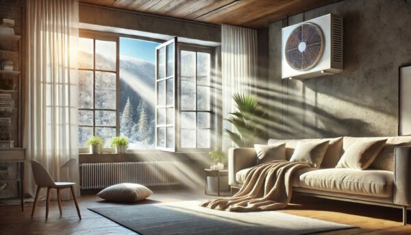 Luftfeuchtigkeit senken durch effektive Belüftung im Wohnzimmer Winterliches Wohnzimmer mit geöffneten Fenstern zur effektiven Belüftung und Senkung der Luftfeuchtigkeit.