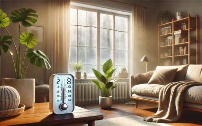 Gemütliches Wohnzimmer im Winter mit Hygrometer zur Luftfeuchtigkeitskontrolle und Pflanze nahe beschlagener Fenster, um Luftfeuchtigkeit zu senken.