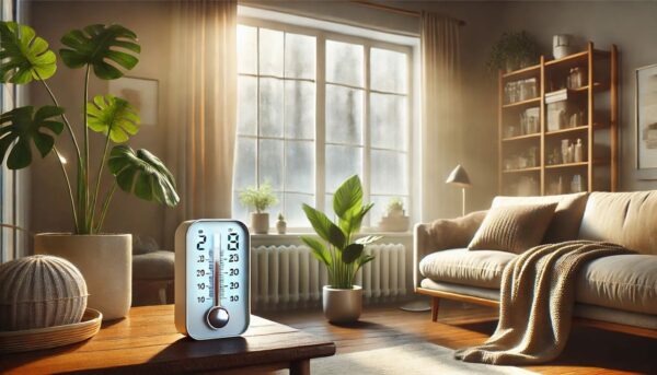 Luftfeuchtigkeit senken im Winter – Hygrometer und Tipps fürs Wohnzimmer Gemütliches Wohnzimmer im Winter mit Hygrometer zur Luftfeuchtigkeitskontrolle und Pflanze nahe beschlagener Fenster, um Luftfeuchtigkeit zu senken.