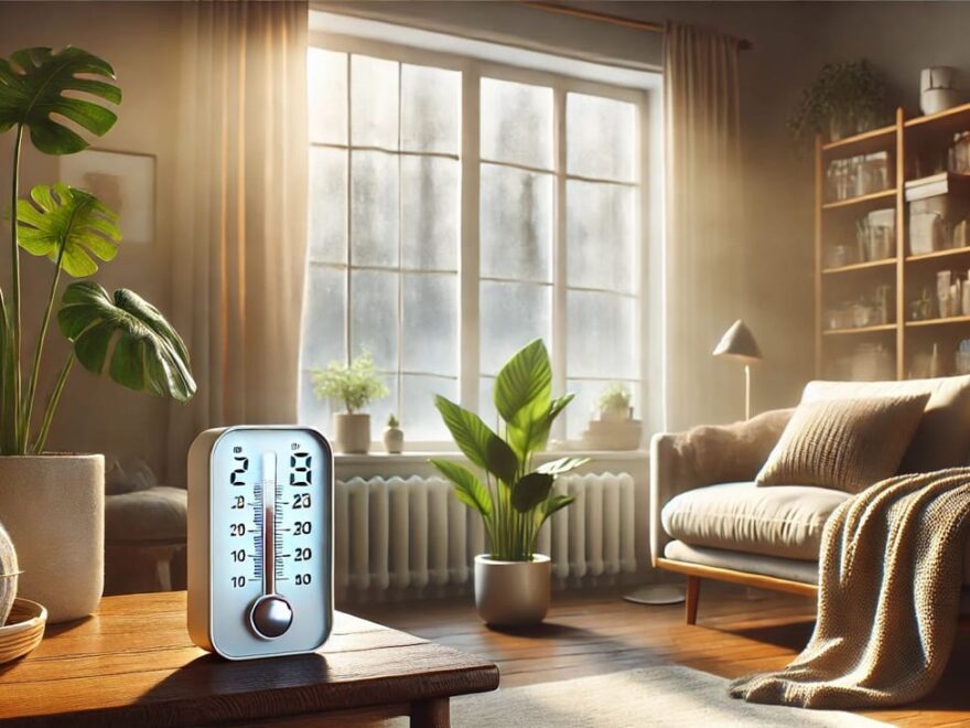 Gemütliches Wohnzimmer im Winter mit Hygrometer zur Luftfeuchtigkeitskontrolle und Pflanze nahe beschlagener Fenster, um Luftfeuchtigkeit zu senken.