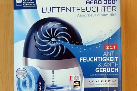 Verpackung des Pattex AERO 360° Luftentfeuchters mit 2-in-1 Anti-Feuchtigkeit und Anti-Geruch Funktion