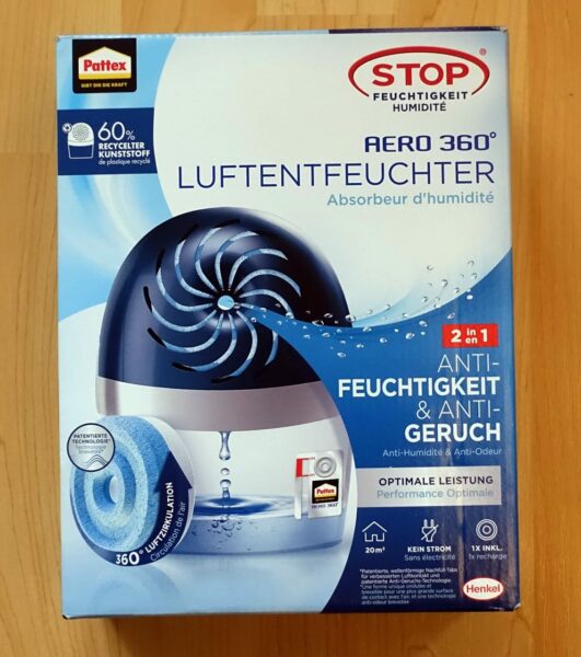 Pattex AERO 360° Luftentfeuchter Verpackung – Anti-Feuchtigkeit und Anti-Geruch Verpackung des Pattex AERO 360° Luftentfeuchters mit 2-in-1 Anti-Feuchtigkeit und Anti-Geruch Funktion