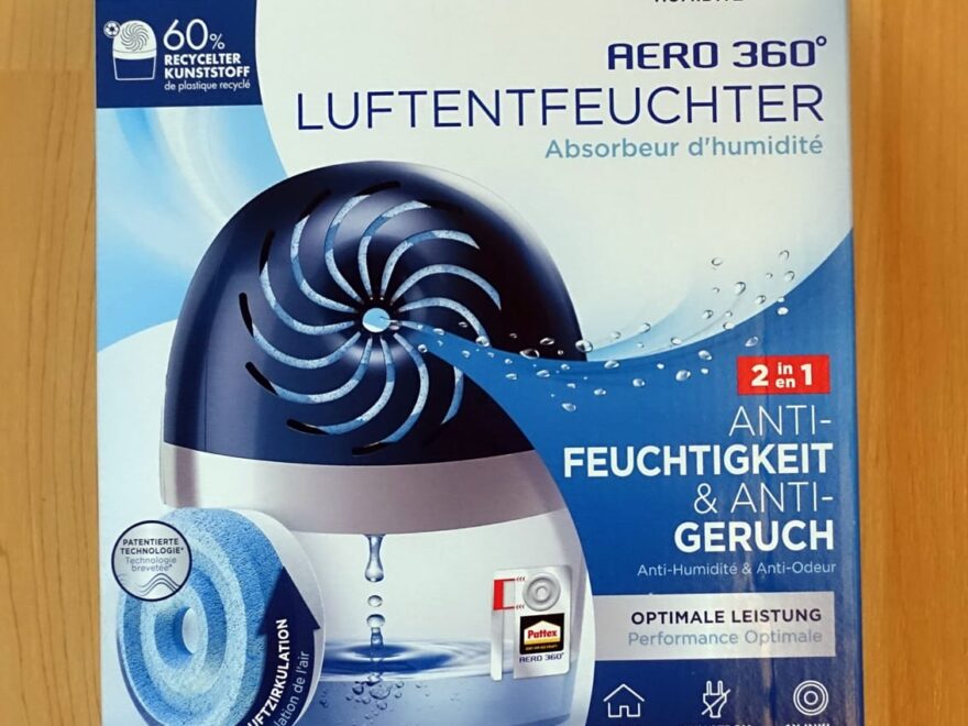 Verpackung des Pattex AERO 360° Luftentfeuchters mit 2-in-1 Anti-Feuchtigkeit und Anti-Geruch Funktion