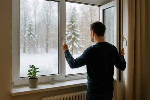 Person lüftet im Winter richtig durch offenes Fenster für frische Luft und gesundes Raumklima