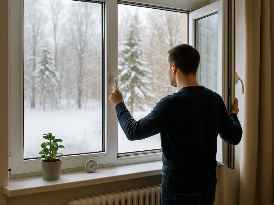 Person lüftet im Winter richtig durch offenes Fenster für frische Luft und gesundes Raumklima