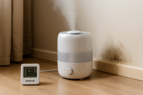 Zu hohe Luftfeuchtigkeit durch falsch platzierten Luftbefeuchter mit sichtbaren Feuchtigkeitsproblemen.