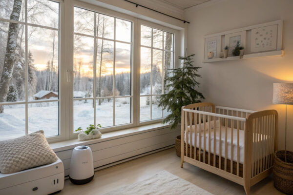 Trockene Winterluft? So bleibt das Raumklima für dein Baby gesund Babyzimmer mit Blick auf verschneite Winterlandschaft und Luftbefeuchter