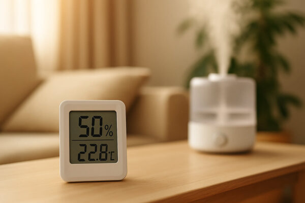 Hygrometer zeigt optimale Luftfeuchtigkeit zwischen 40 und 60 Prozent zur Linderung von Erkältungssymptomen.