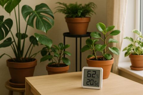 Luftfeuchtigkeit in Pflanzenzimmern messen mit Hygrometer zwischen grünen Pflanzen