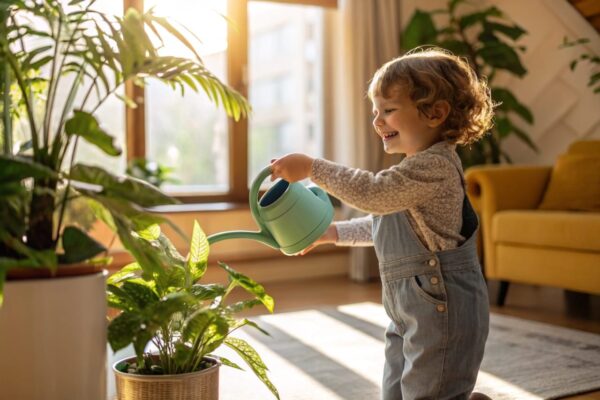 DIY-Raumklima-Tipps für Eltern: Mit Kindern das Raumklima verbessern Kind gießt Zimmerpflanze – Raumklima spielerisch verbessern – DIY-Raumklima-Tipps für Eltern