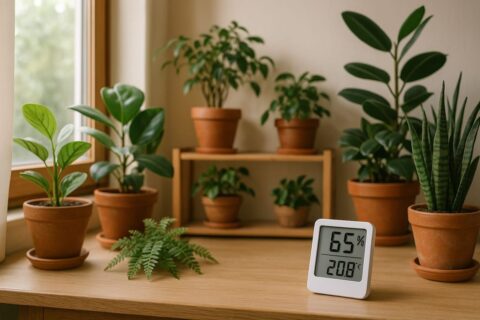 Optimale Luftfeuchtigkeit im Pflanzenzimmer mit Hygrometer und gesunden Zimmerpflanzen