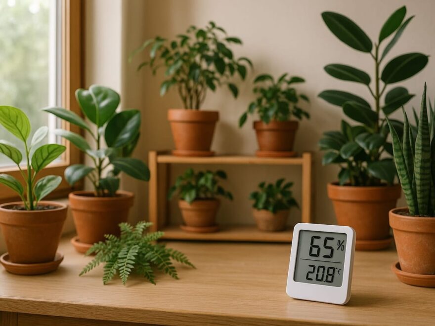 Optimale Luftfeuchtigkeit im Pflanzenzimmer mit Hygrometer und gesunden Zimmerpflanzen