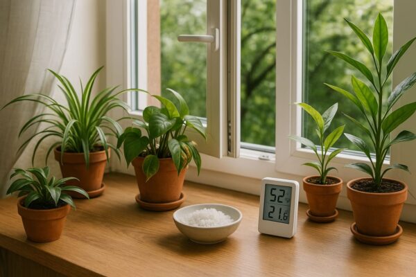 Natürliche Alternativen zum Luftentfeuchter im Pflanzenzimmer Pflanzenzimmer mit natürlichen Alternativen zum Luftentfeuchter wie Salzschale und offenem Fenster