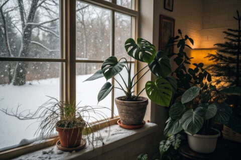 Tropenpflanzen im Winter am Fenster mit trockener Luft und Lichtmangel – einige Blätter zeigen Anzeichen von Trockenheit.