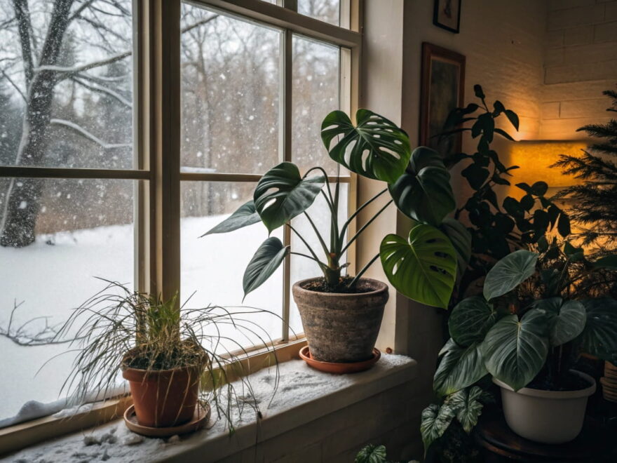 Tropenpflanzen im Winter am Fenster mit trockener Luft und Lichtmangel – einige Blätter zeigen Anzeichen von Trockenheit.