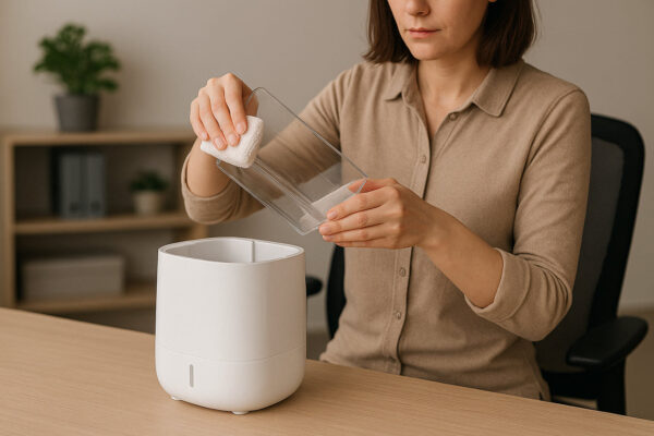 Reinigung eines Luftbefeuchters im Büro zur sicheren und hygienischen Nutzung