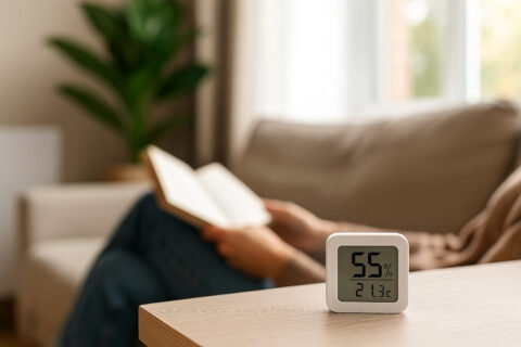 Luftfeuchtigkeit messen im Wohnzimmer mit digitalem Hygrometer