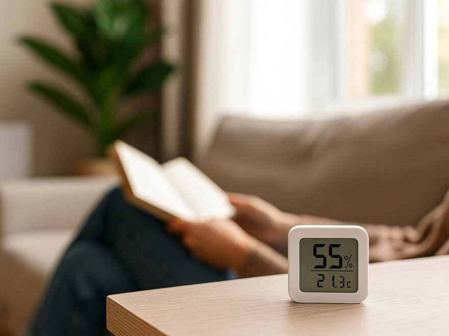 Luftfeuchtigkeit messen im Wohnzimmer mit digitalem Hygrometer