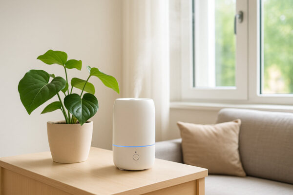 Ausgeglichenes Raumklima mit Luftbefeuchter, Pflanze und offenem Fenster